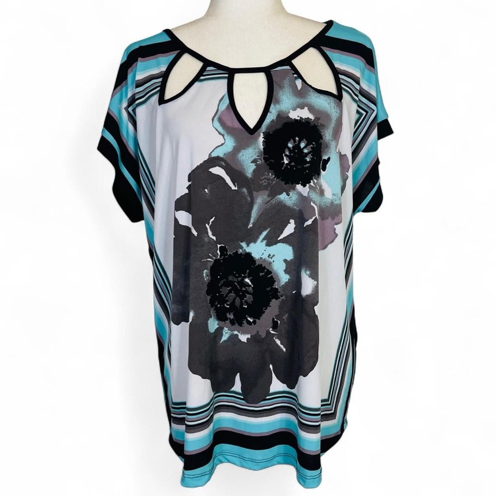 Y2K Lavish Plus Size 1X 2X Floral Blouse Top Black White Blue Neck Cutouts